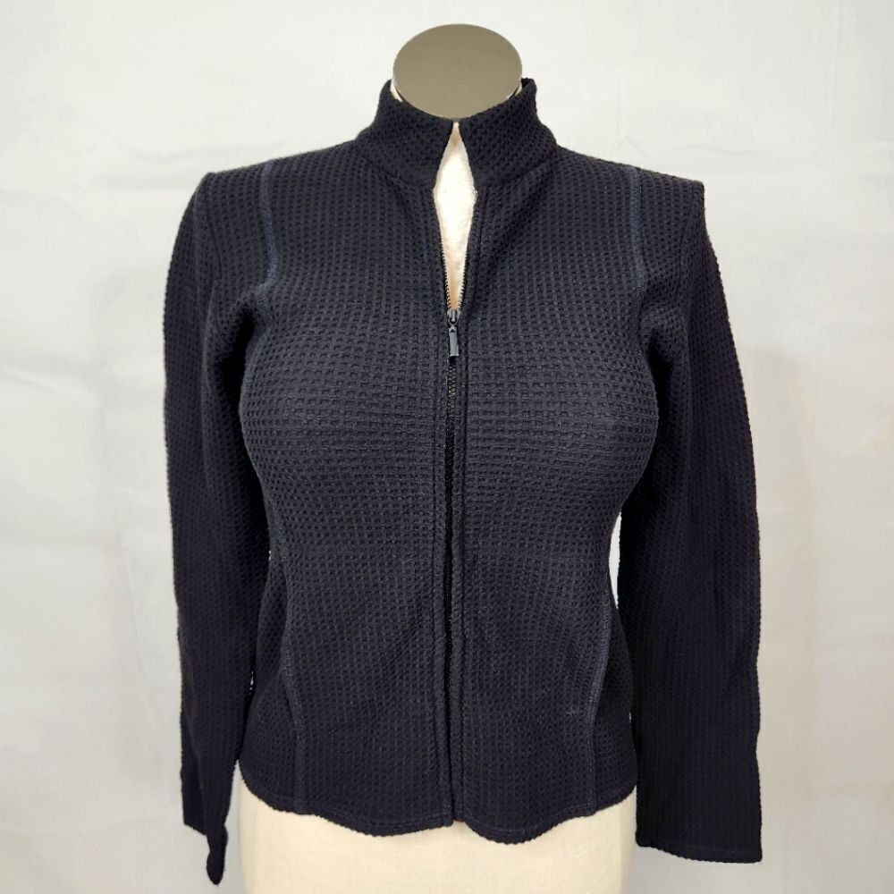 Eileen Fisher Waffle Knit Black Stretch Zip Stand Up Collar Jacket Sz XS - Picture 1 of 13